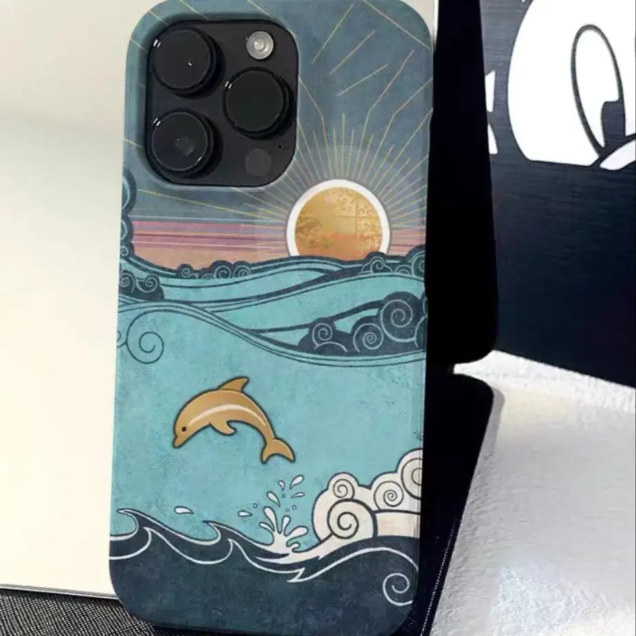 Japanese Style INS Dorphin in the Sea Beautiful Scene Artistic Phone Case for iPhone 15 14 11 12 13 Pro Max Plus Back Cover