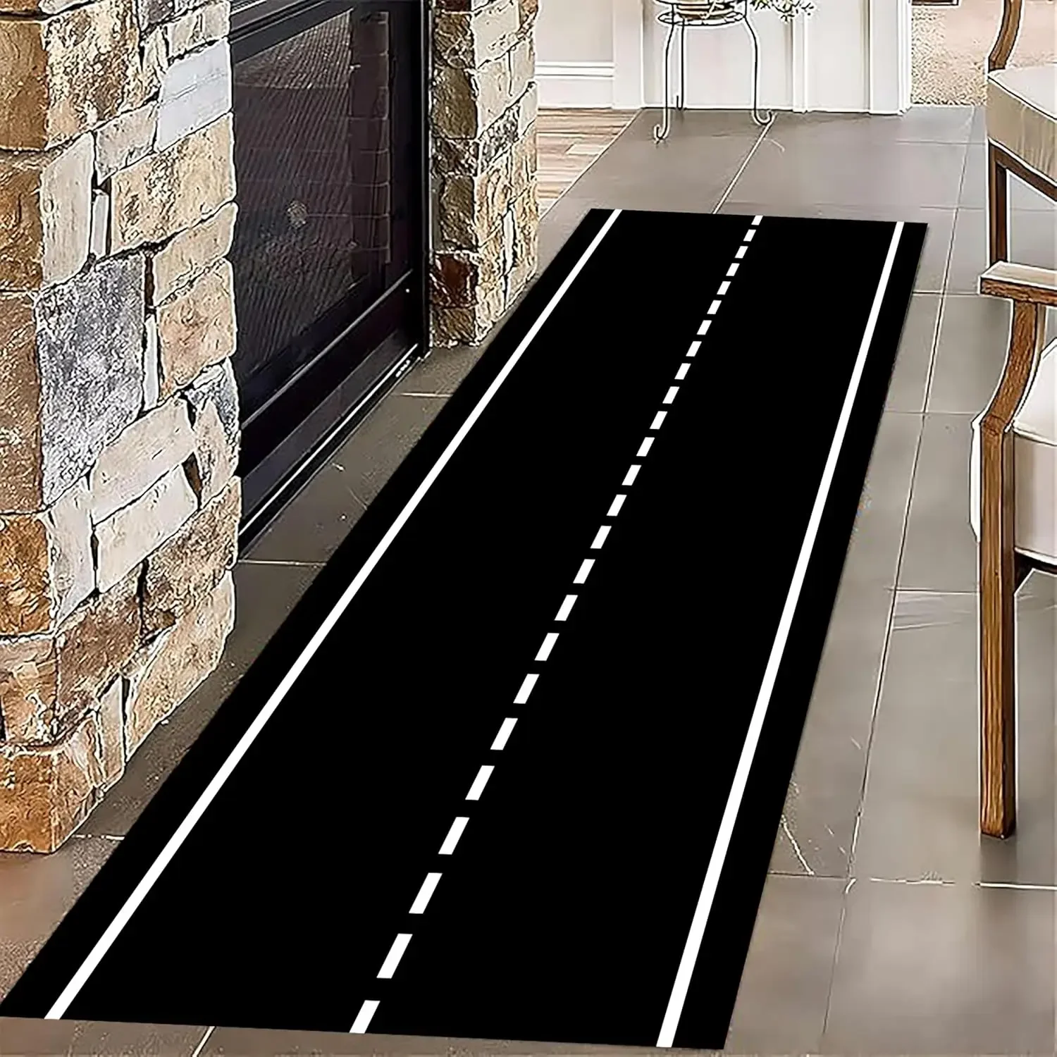 Minimalist Highway Road Line Runner Rug Black White Corridor Entrance Floor Mat