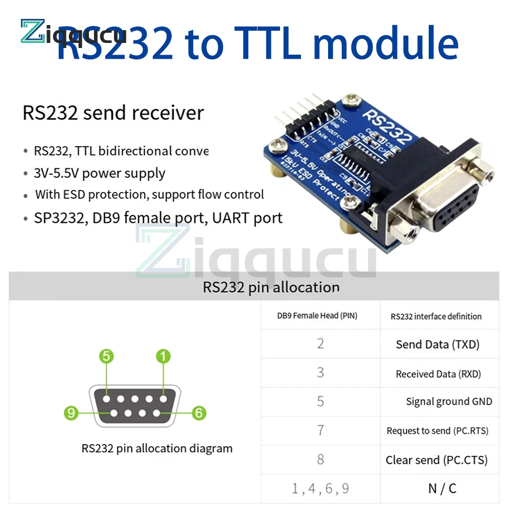 TTL to RS232 Module TTL RS232 Male Female Mutual Conversion Module Serial Level Conversion to SP232 TTL Serial Port ESD Protect