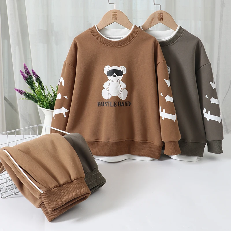 

3-16 Years Kids Spring Autumn Children's Sets 60% Cotton Khaki Pullover Soft Sweatshirts Sweatpants Girls Boys Clothing Sets