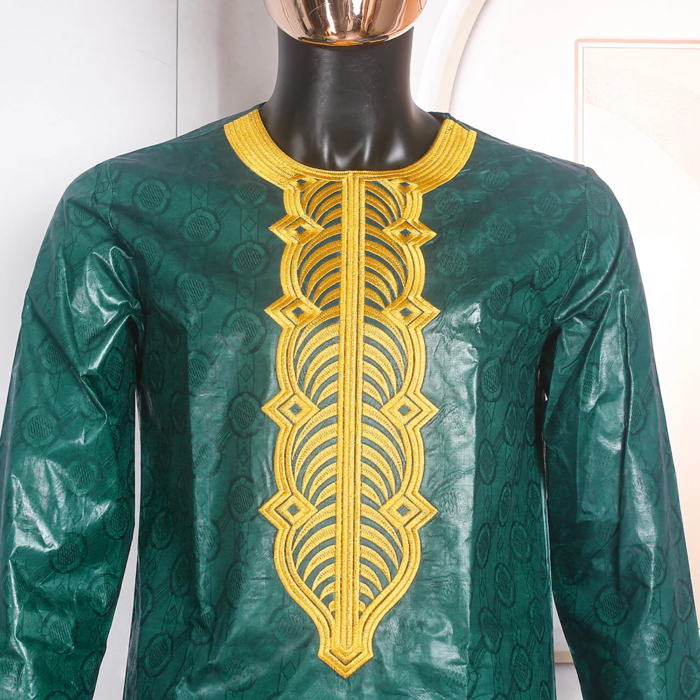 H&D African For Men Tradition Clothing Riche Bazin Embroidered 2 Pcs Set shirt Pants Bazin Green Muslim Ramadan Wedding Party