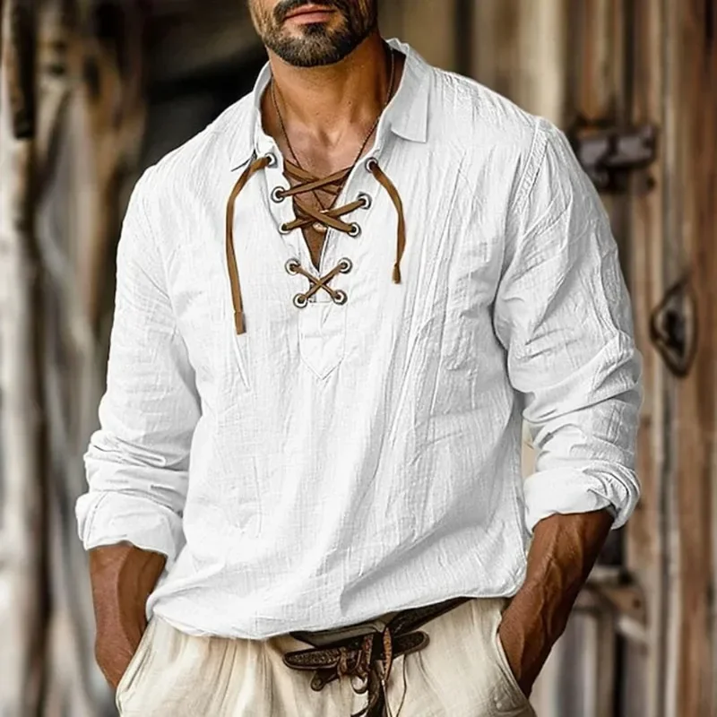 New Men's Casual Long Sleeve Shirt Fashion Solid Color V-neck Lace-up Cotton Blended Breathable Comfortable Pullover T-shirt.