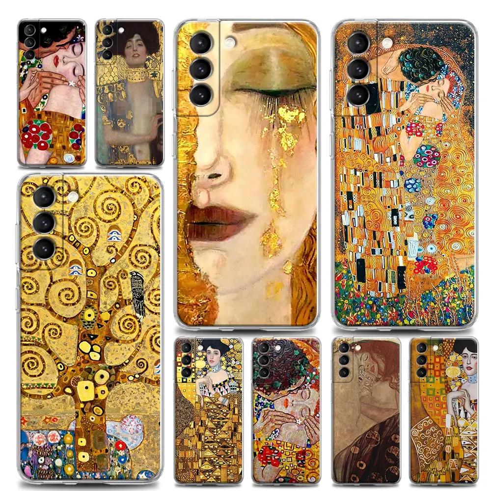 

Kiss by Gustav Klimt Golden Freya's Tears Clear Samsung S24 5G Case For Galaxy S21 S20 FE S22 Ultra S23 S24 Plus Case Soft Cover