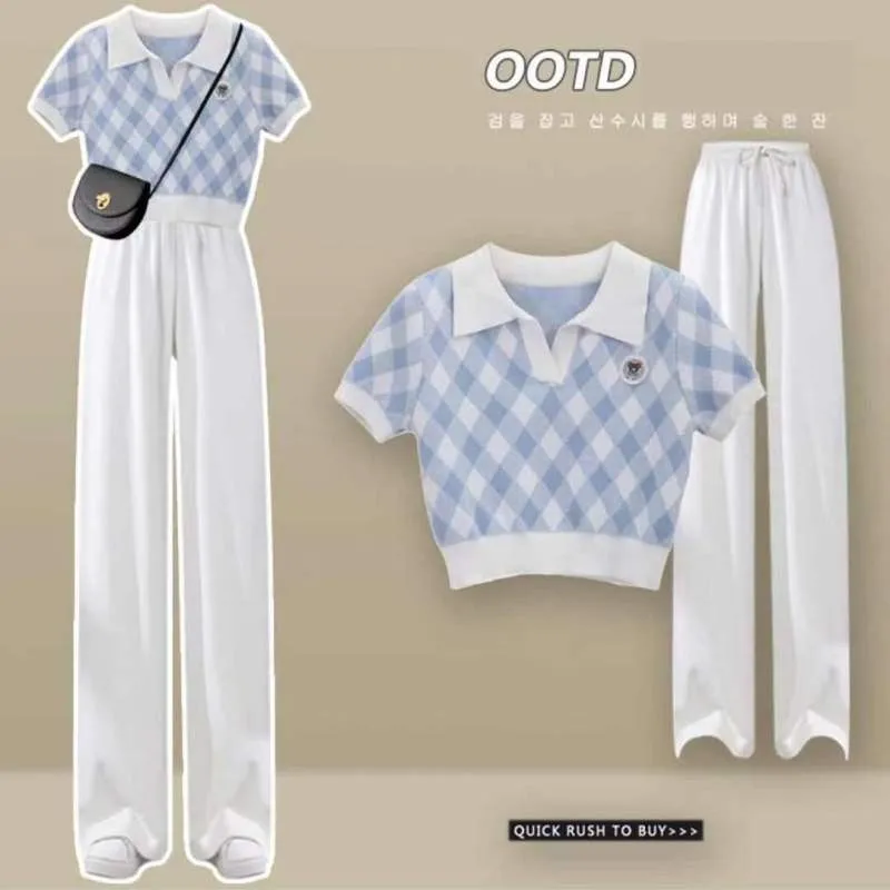 Women's Summer Fashion Checkered Short Sleeve Top Wide Leg Pants Two Piece Suit Korean Elegant Polo Blouse Trousers Matching Set