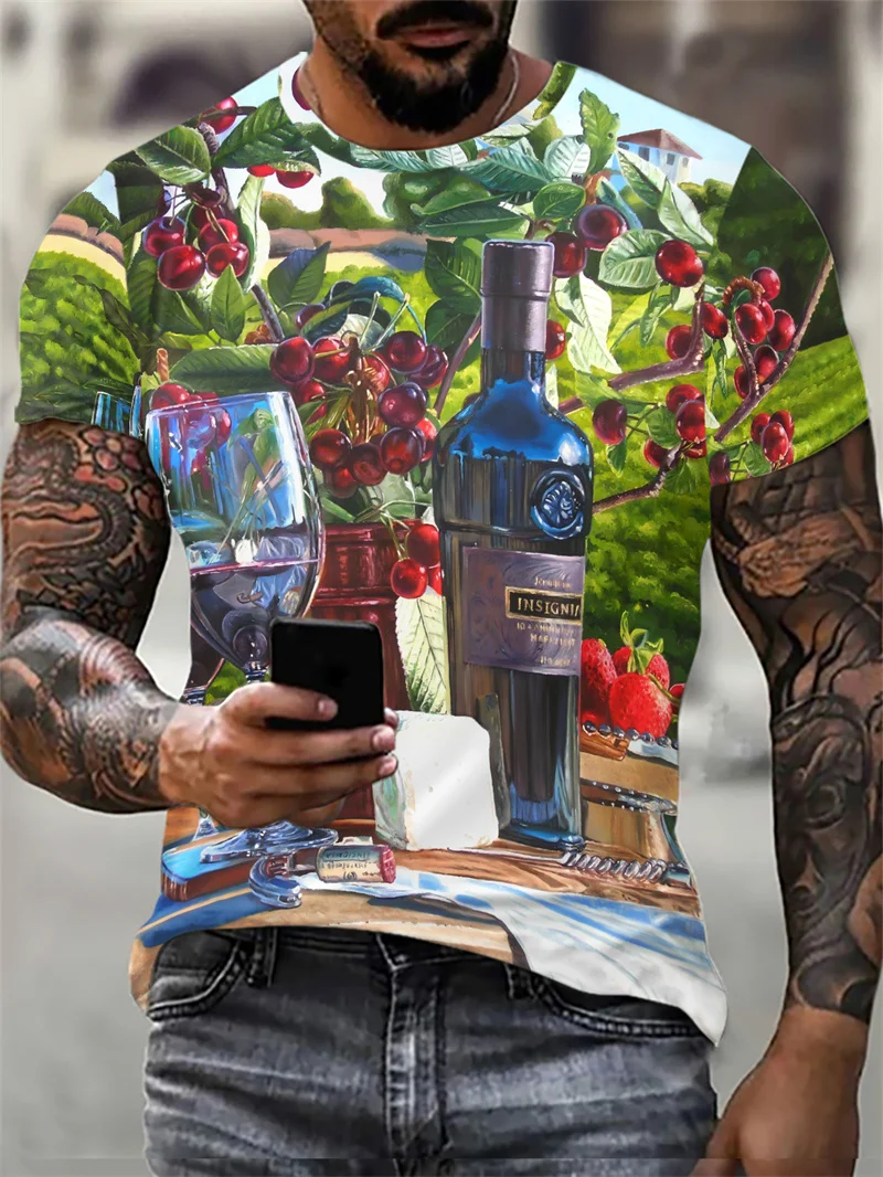 Red Wine Pattern Men's T-Shirts Summer Short Sleeve 3d Printed Street Oversized T Shirt 6XL Plus Size O-Neck Casual Tops