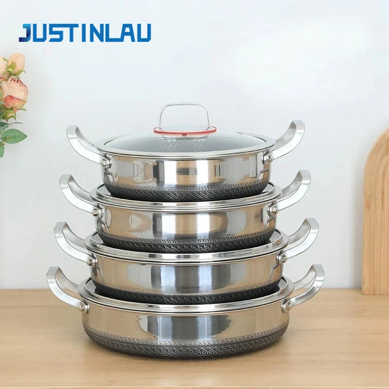 

Stainless Steel Stew Pot Double Ear Frying Pan Pancake Baking Tray with Lid Induction Cooker Gas Stove Universal Non-stick Pot