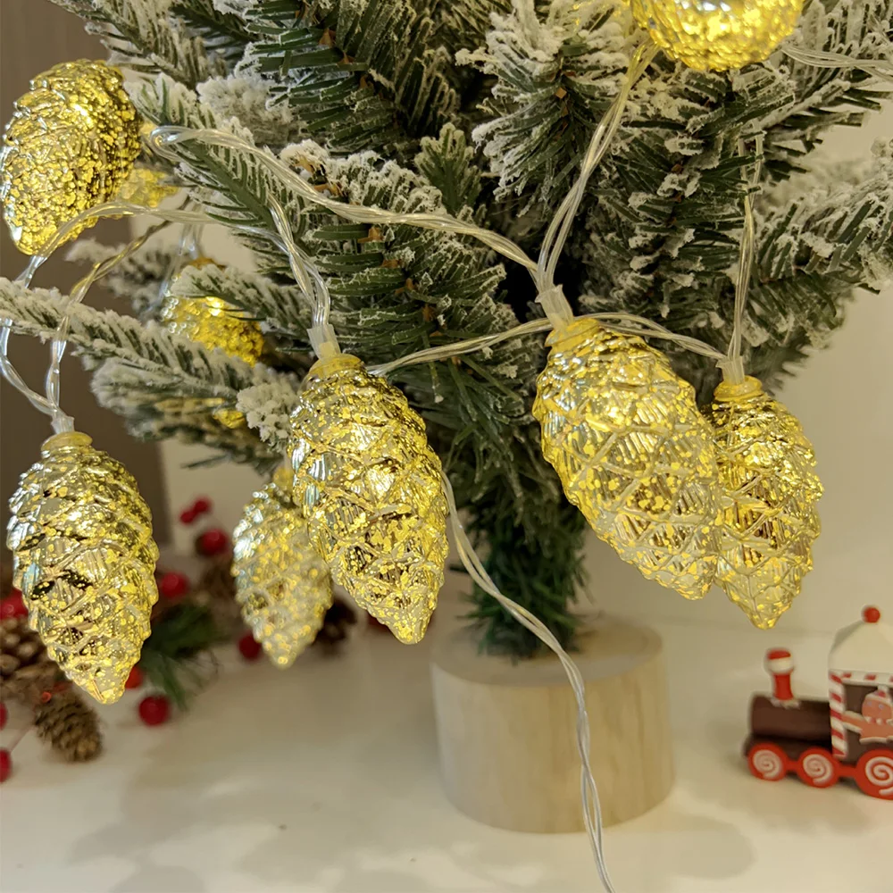 

3M Gold Silver Pine Cone LED Christmas Decor Light Simulation Pine Nut Light Xmas Tree Pendant Xmas Party Happy 2025 New Year