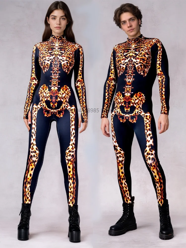 

New Leopard Skeleton Costume Men Women Mechanical Armor Robot Cyber Jumpsuit Skeleton Cosplay Punk Zentai Bodysuit 2025