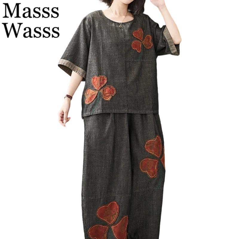 

Masss Wasss 2026 Womens Japanese Patchwork Denim Two Piece Sets Classic Casual Tops Vintage Floral Trousers Summer Luxury Outfit