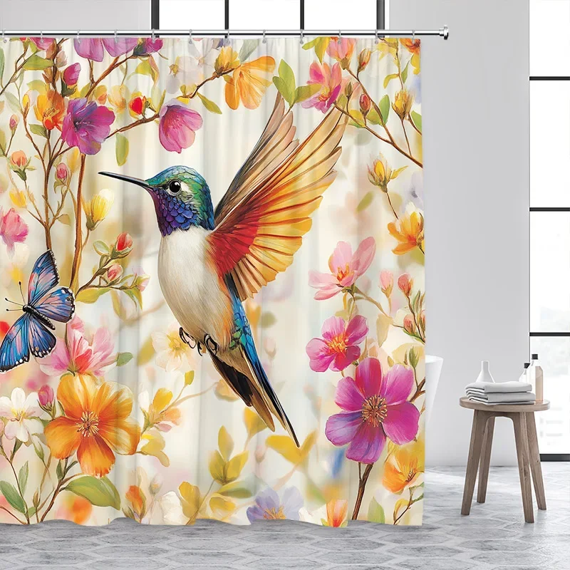 Hummingbird Shower Curtain Watercolour Floral Purple Lavender Butterfly Plant Polyester Fabric Bathroom Curtain Decor With Hooks