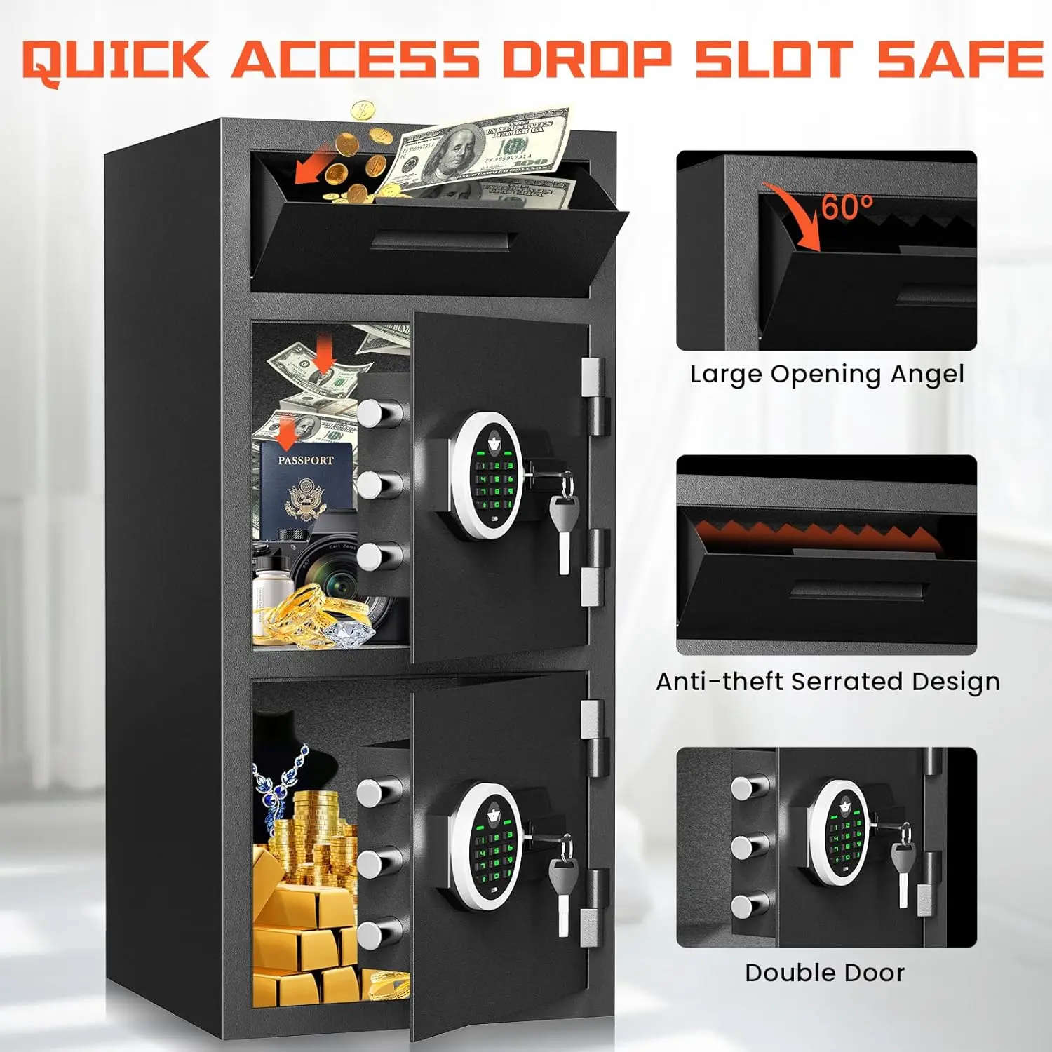 6.5 Cub Extra Large Home Safe Box Fireproof Waterproof with Drop Slot, Digital Drop Slot Safe with Double Door & Key Hook, Money