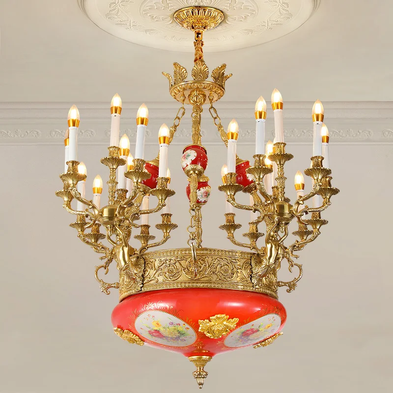 French Style Foyer Copper Red Porcelain Decoration Luxury European Fancy Hand Painted Ceramic Brass Hotel Hall Candle Chandelier