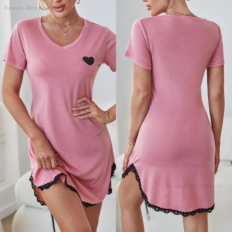 

Summer Sexy V-Neck Nightgown Women's Mini Nightwear Intimate Lingerie Casual Short Sleeved Home Wear Pink Night Dress Sleepwear