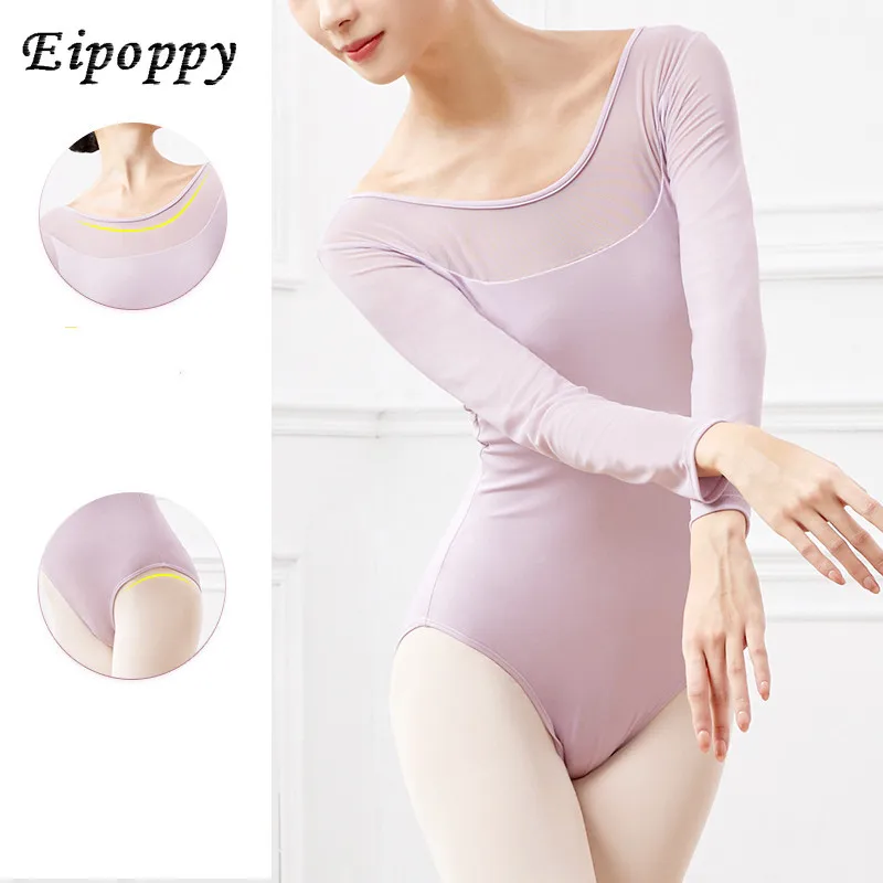 Justaucorps de ballet à manches longues en maille patchwork pour femmes, olympiques de batterie de danse AqKink, olympiques de ballerine pour adultes, noir