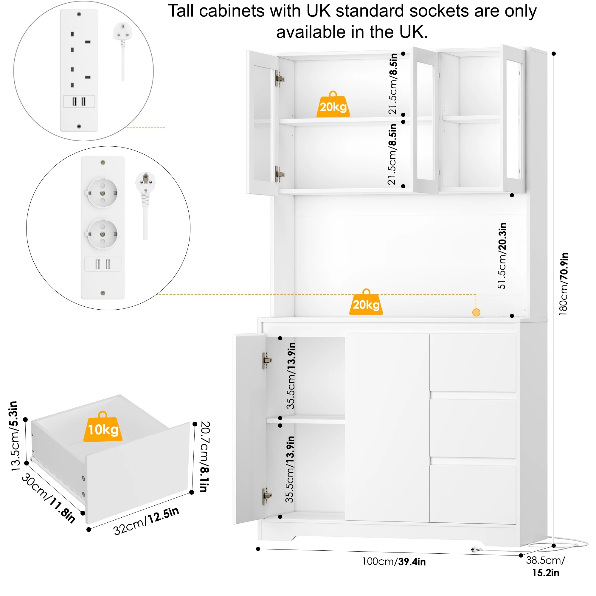 بوفيه مطبخ Getone مع LED، خزانة ملابس المطبخ، خزانة بوفيه مع 3 مقابس للأدراج، رف قابل للتعديل 100 × 38.5 × 180 سم