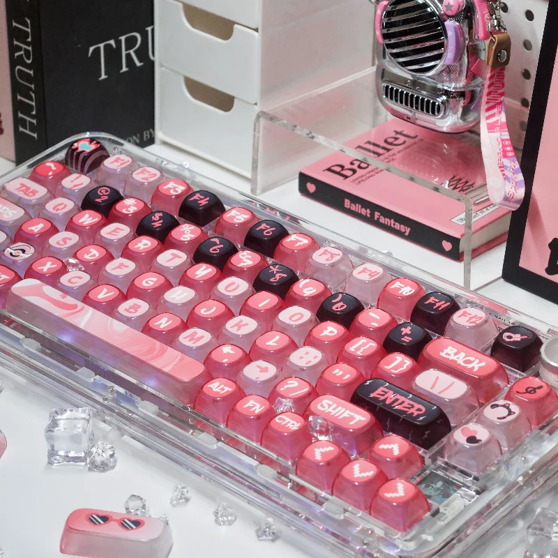 Transparent Keycaps Pudding Moa Height Pbt+Pc Four Sided Transparent Rock Band Theme Pink Black Keycaps 6.25U Space Bar Key