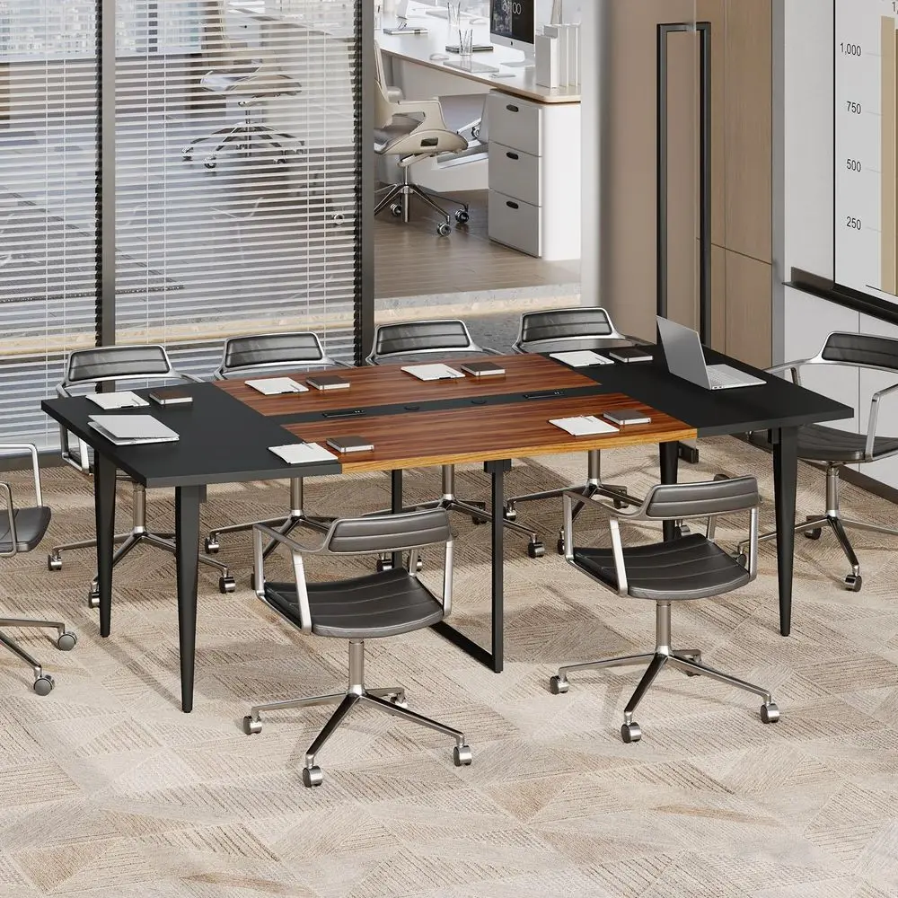 

8FT Conference Table with Power Hubs, Large Meeting Table for 810 People, Sturdy Metal Legs, 2 Cable Grommets, Modern Office Co