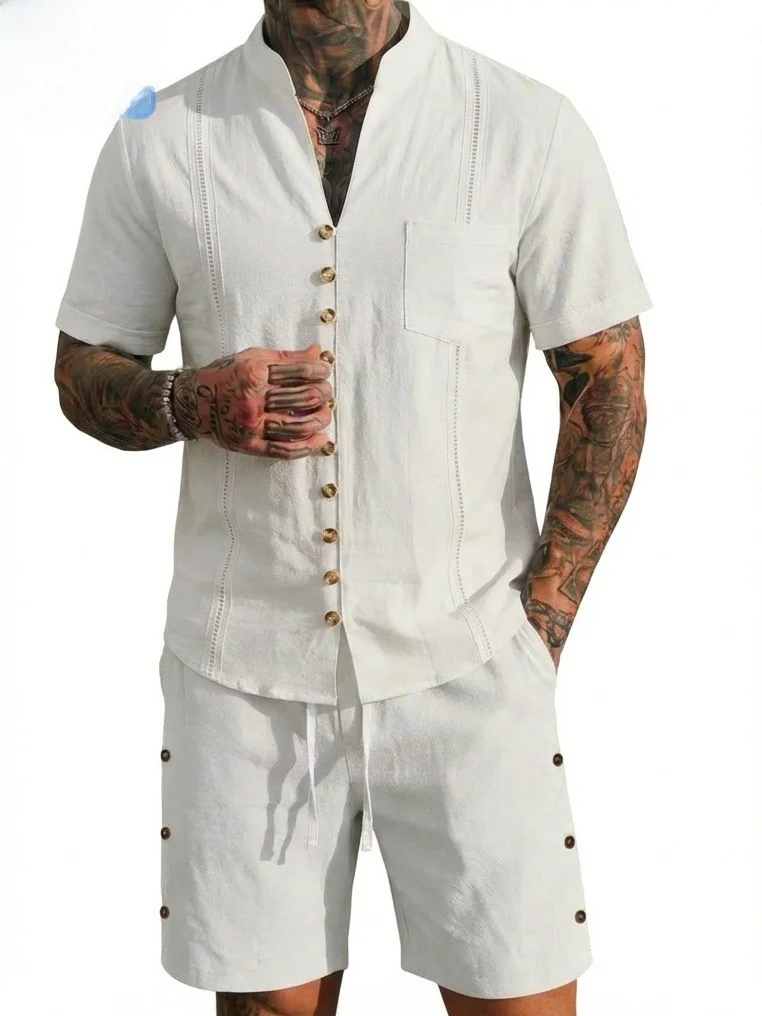 

Мужской комплект: ретро-рубашка из льна и шорты, с коротким рукавом, из смесового хлопка, удобная осенняя одежда, модная мужская одежда