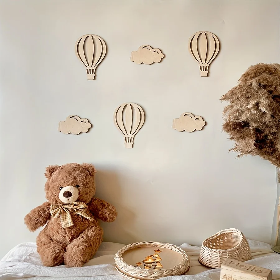 6pcs Vintage Wooden Balloon Cloud Wall Decor Baby Christening Decorations 3D Festive Nursery Wall Art No Batteries Required
