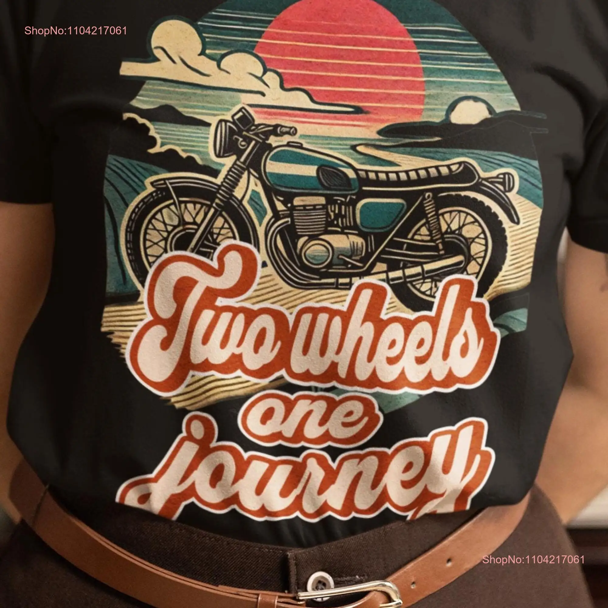 Retro Motorcycle Adventure T Shirt Two Wheels One Journey Biker Vintage Sunset Design Road Trip Motorbike Enthusiast