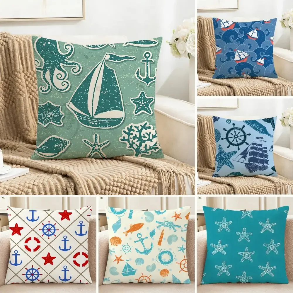 Nautical Fresh Elegant Blue Maritime Themed Cushion Cover Cozy Pillowcase Holiday House Interior Sofa Bedroom Accessories
