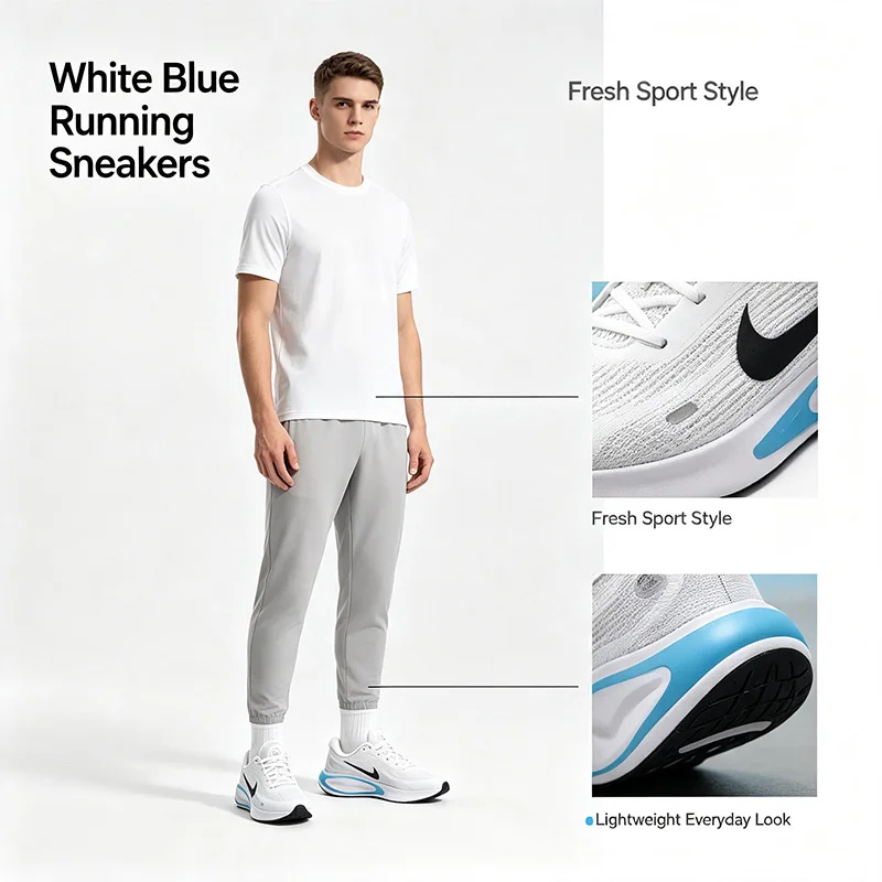 Nike Genuine White Blue Running Sneakers for Men Cushioned Thick Sole Lightweight Street Sport Shoes FN0228-112