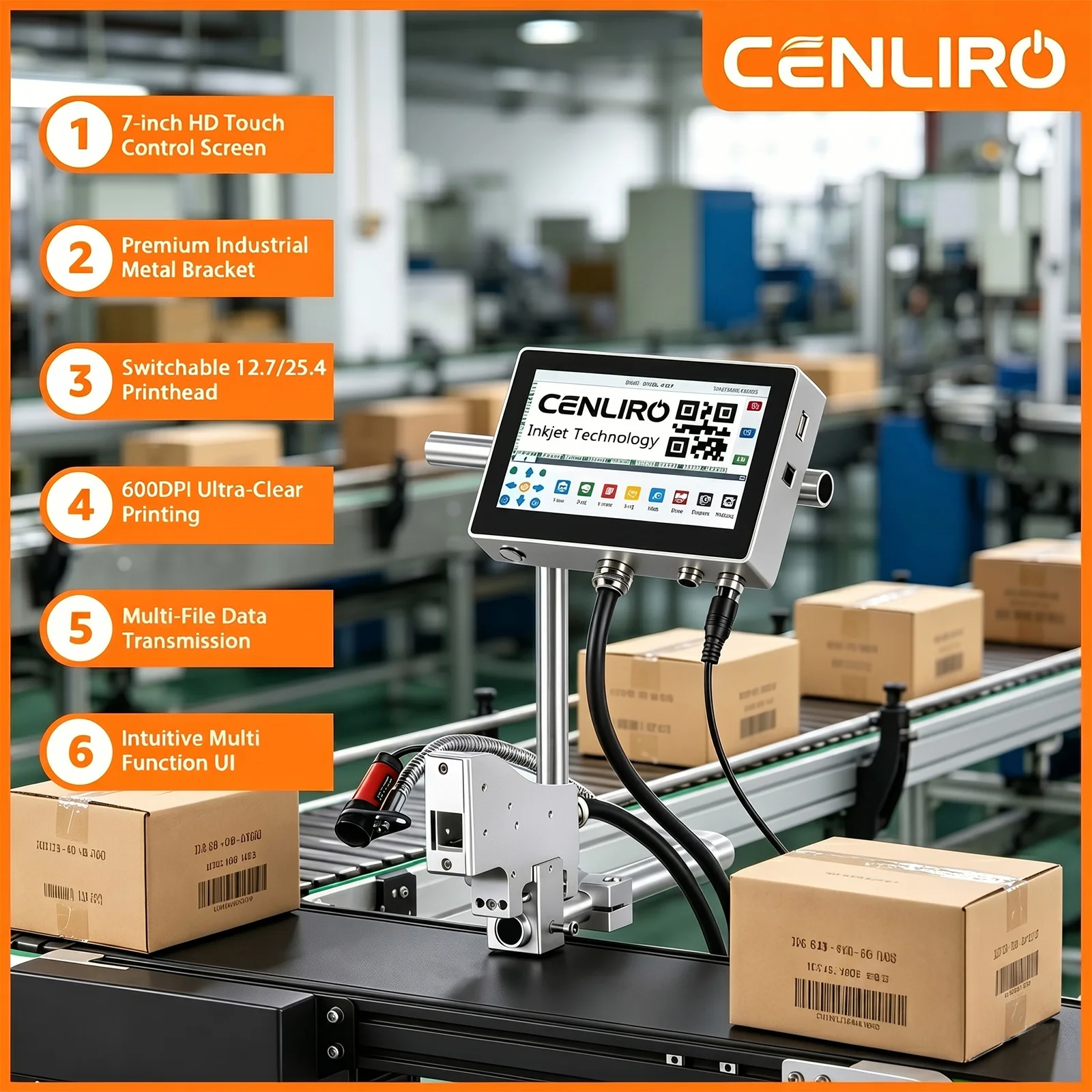 

Cenliro CL5100 7'' HD Online TIJ Inkjet Printer 12.7/25.4mm Automatic Coding Machine 600DPI for Expiry Date Logo QR Barcode