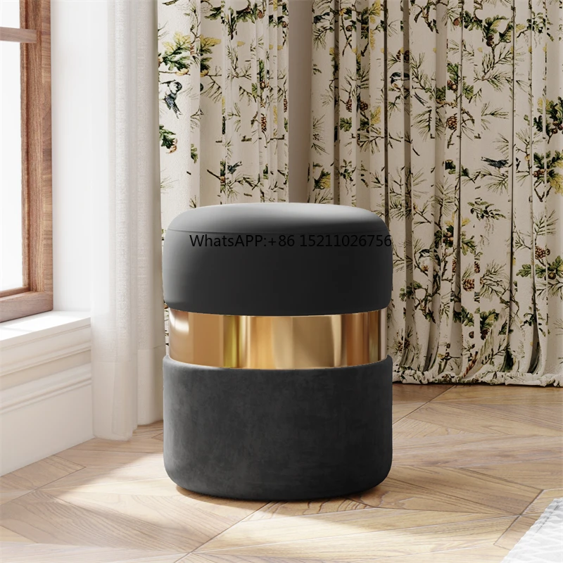 

Living room home modern velvet soft round footstool living room ottoman stool black white