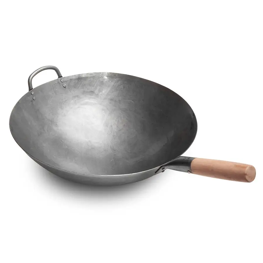 

Big 16 Inch Heavy Hand Hammered Carbon Steel Pow Wok with Wooden and Steel Helper Handle Round Bottom 731W138