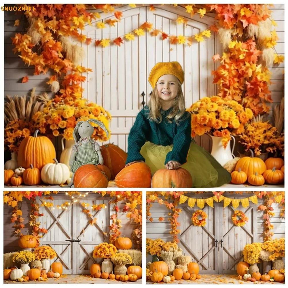 Autumn White Wooden Door Backdrops Fall Pumpkins Bumper Harvest Maple Leaves Farm Barn Kid Adult Portrait Photography Background