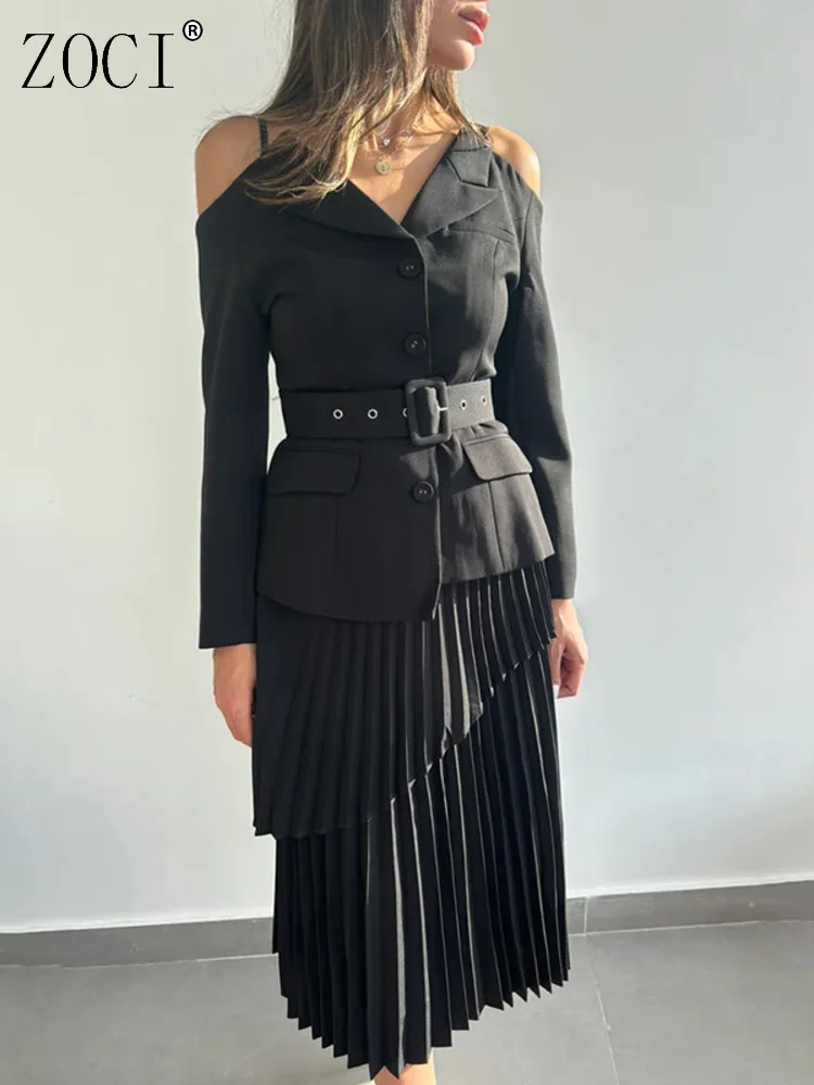 

ZOCI женский классический костюм простой стиль с открытыми плечами, костюм с лямкой на шее, плиссированная юбка с высокой талией, офисная женская новинка 202, весенняя новинка