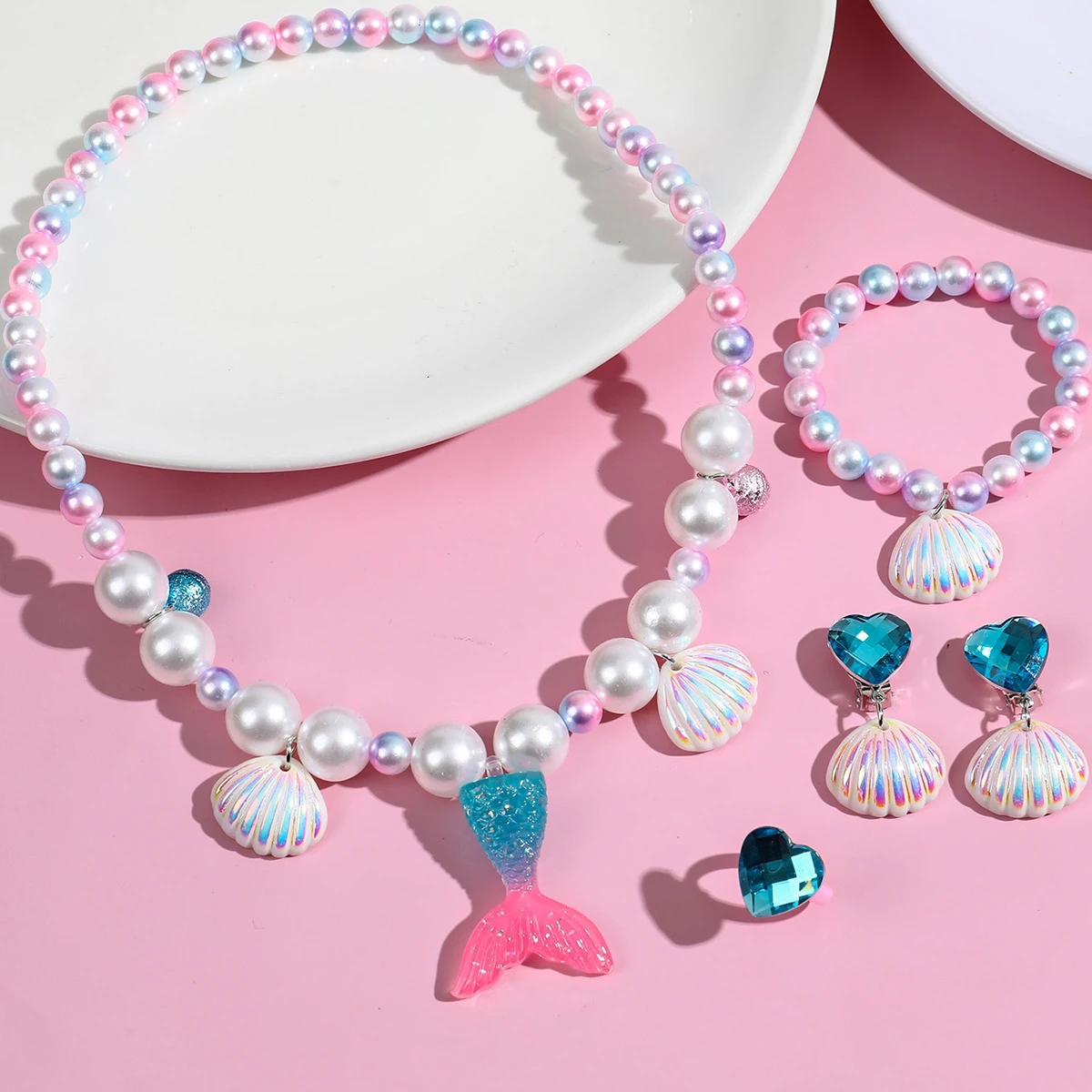 Mermaid Pearl Necklace Set Under The Sea Theme Little Mermaid Tail Favors Birthday Party Decor Kids Girls Baby Shower Supplies