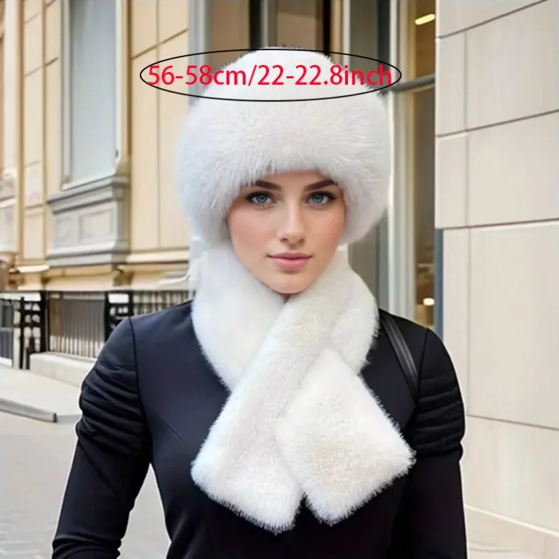 Rabbit Fur Hat and Gloves Set for Women Autumn Winter Solid Color Knitted Beanie Warm Ear Protection Ski Accessories