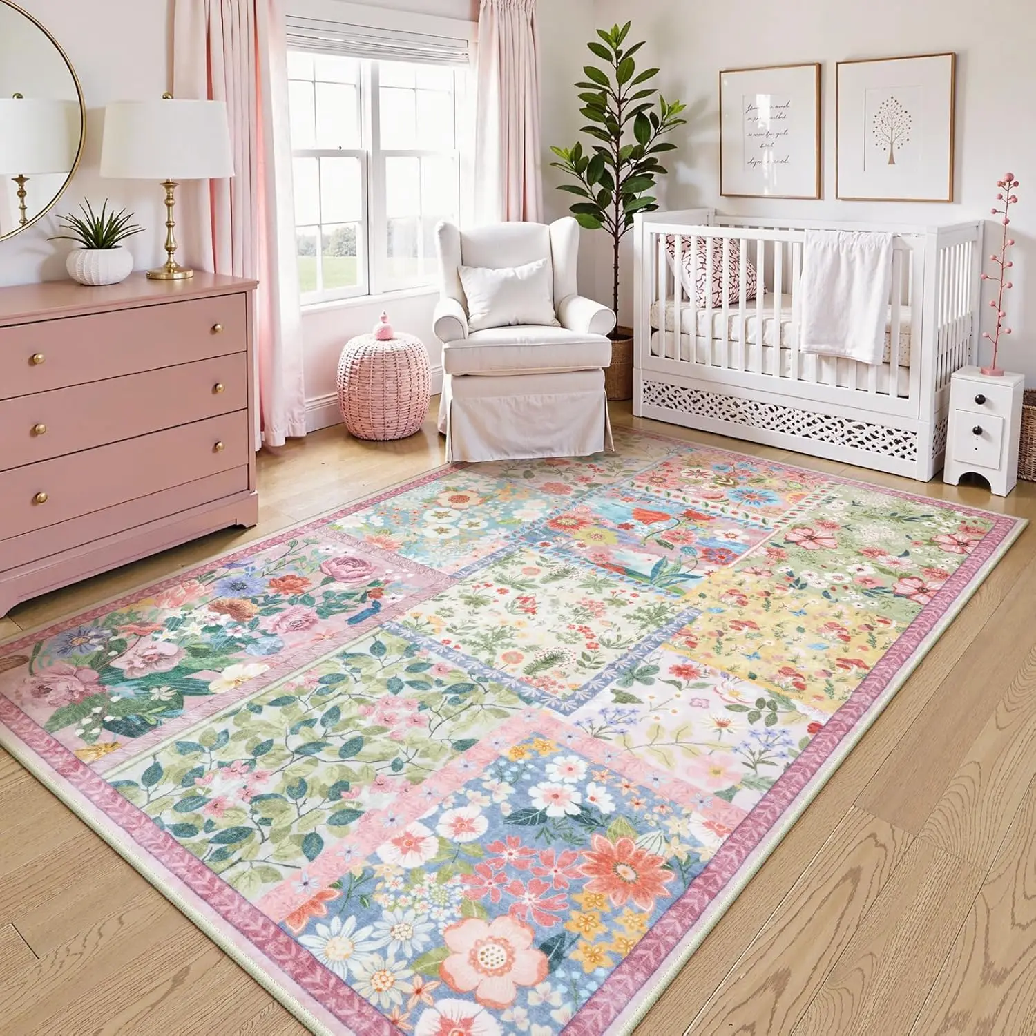 Pink Rugs for Bedroom Girls,Soft Patchwork Pink Rug for Living Room,Non-Slip Nursery Rug Girl, Washable Rugs Carpet for Playroom