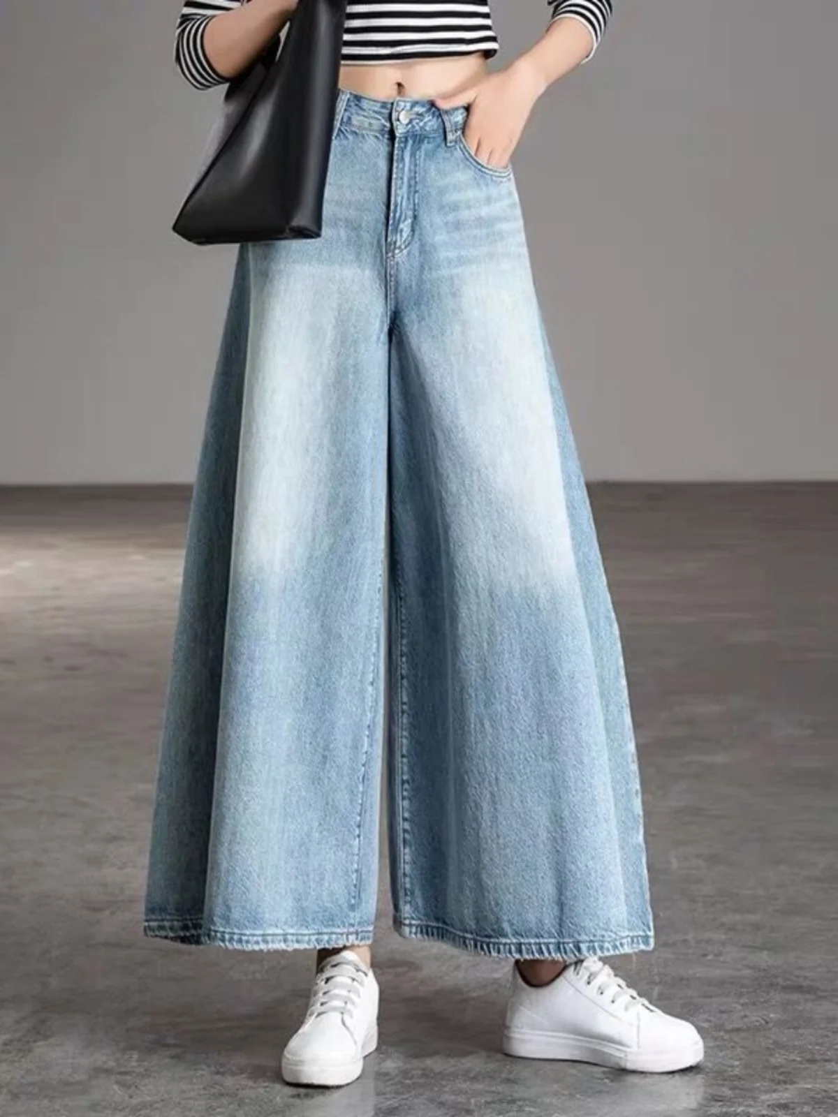 

Широкие джинсы с высокой талией, женские весенне-осенние маленькие высокие юбки, брюки с водной талией, свободные джинсовые брюки-колокольчики, синие девять очков