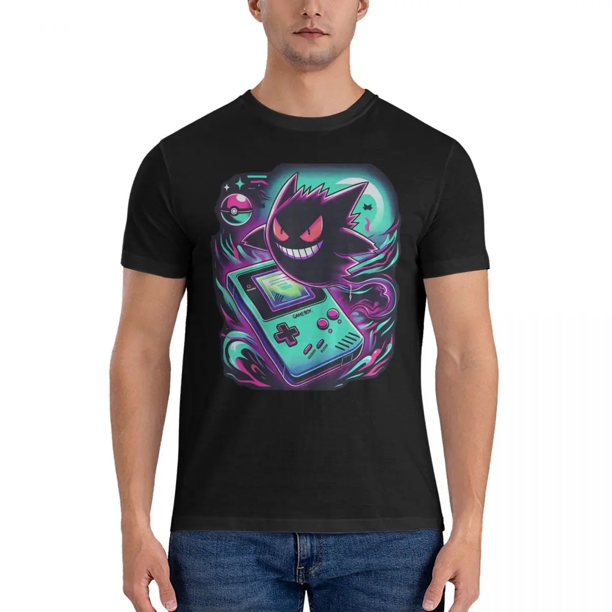 Ghost Game T-Shirts for Men Gengar Vintage Cotton Tee Shirt Crewneck Short Sleeve T Shirt Graphic Printed Clothing