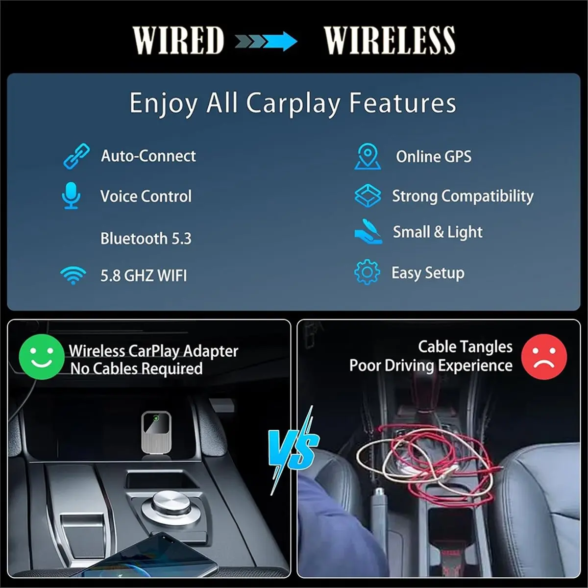 [Day Sale] Wireless CarPlay Adapter Built-in Wired CarPlay to Car Play Wireless Fast Stable Connection Mini USB&Reset Button