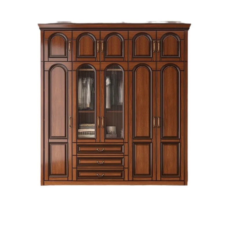 

American retro solid wood wardrobe bedroom home walnut 2024 new 3456 door large wardrobe with top cabinet