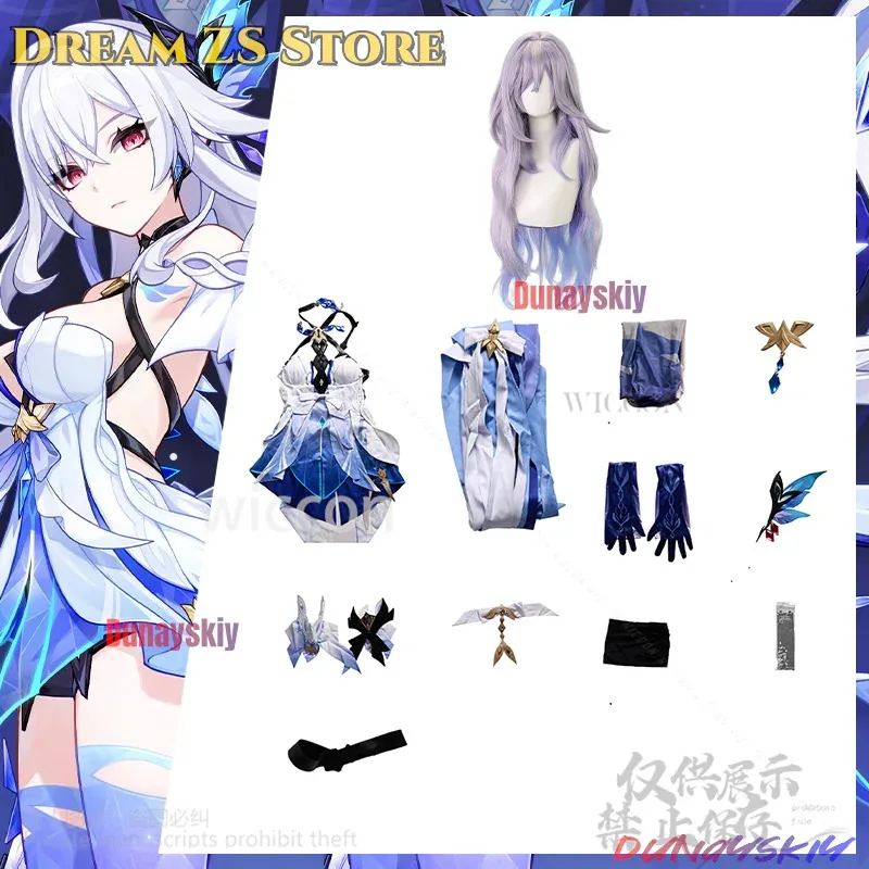 

a7d@Skirk Game Genshin Impact Cosplay Anime Costume Sexy Halterneck Skirt With Irregular Trailing Violet-blue Lolita Wigs Cospla