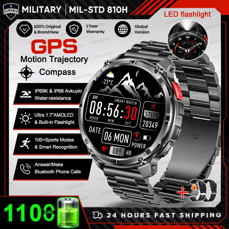 2026 HOT Nieuwe Sport Smartwatch 1100mAh Grote Batterij Duurzaam Kompas 10ATM Waterdicht Tactisch 170+ Sporten BT Oproep Smartwatch Heren