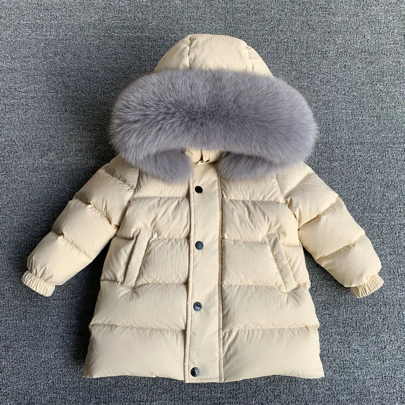 Nuovo piumino invernale per bambini collo di pelliccia reale di lusso per bambini addensare caldo cappotto di media lunghezza per neonato ragazza