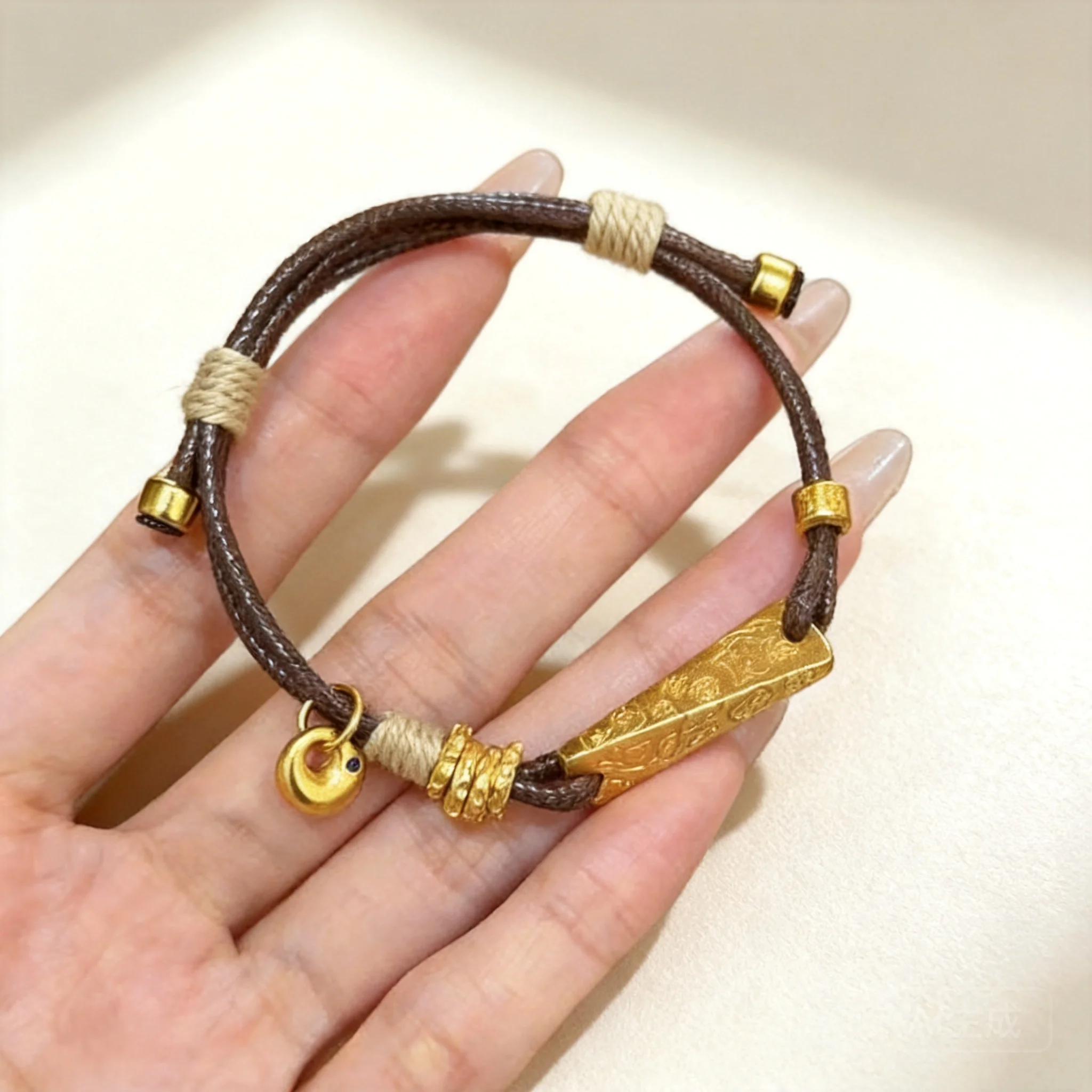 

24k Real Gold Plated Chinese Auspicious Inscription Triangular Pendant Adjustable Braided Rope Bracelet Lucky Blessing Wealth