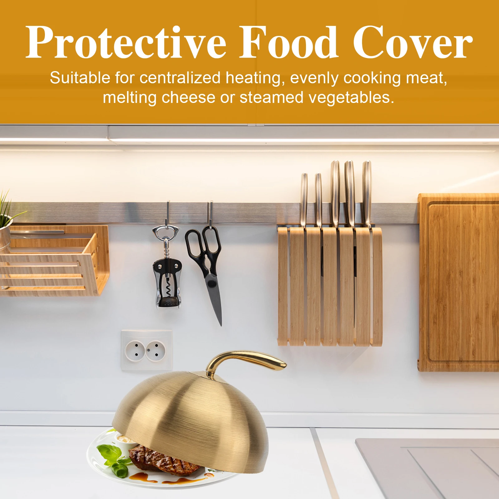 

1pc 20cm Stainless Steel Steak Cover Shape Splatter Proof Oil Resistant Thickened Iron Plate Cap Gold Heavy Duty Kitchen