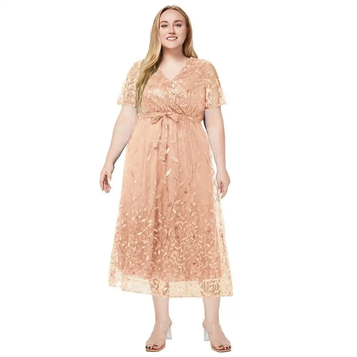 

Plus 2025 Size Women's Summer New V-neck Short Sleeved Pearl Embroidered Bridesmaid Dress 2025 Party Summer Elegantes Casual Y2k