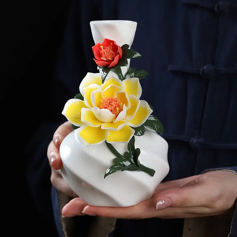 

Oriental clay ceramics handmade artificial flower vase dried flowers bouquet inserted room decoration items.