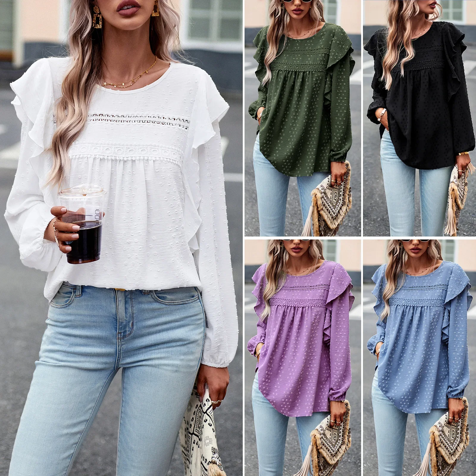 

Women Long Sleeve Boho Loose Chiffon Tops for Spring Round Neck