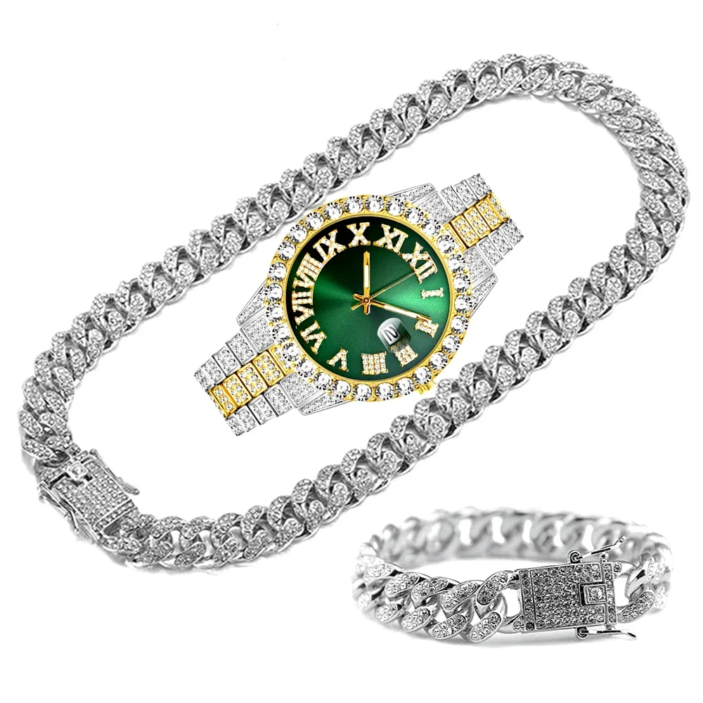 Red Green Dial Full Iced Out Watches For Men Golden Cuban Link Chain Bracelet Necklace Chokers Club Rap Bling Jewelry set Gifts