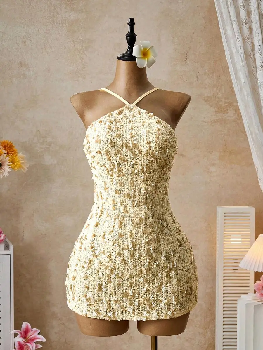 

Womens Shiny Halter Mini Dress Sequin Party Cocktail Dress Vacation Style