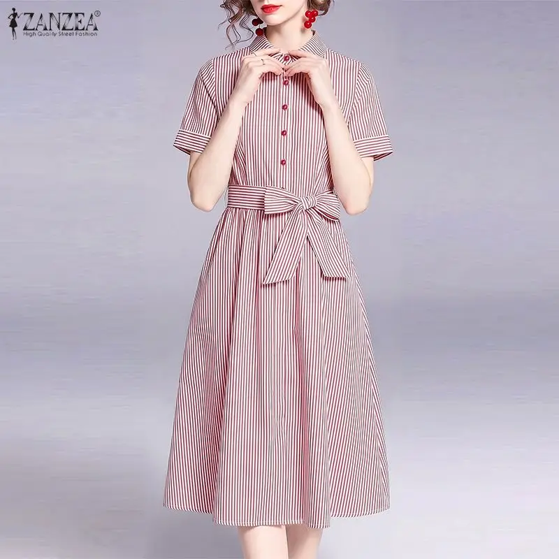 Damenkleid ZANZEA Elegantes Sommerkleid in Knielänge, gestreift, kurzärmelig, mit Umlegekragen, Gürtel, Sommerkleid, Streetwear