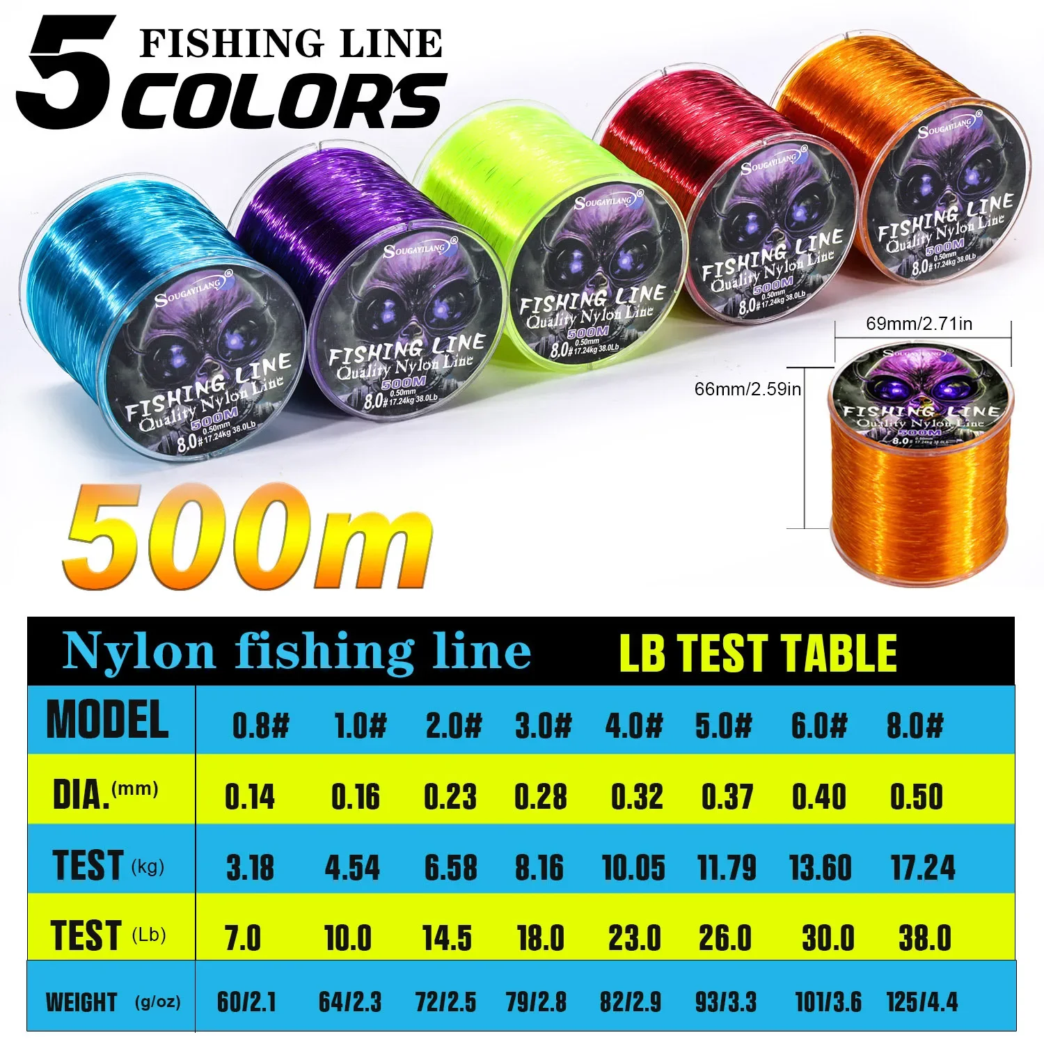 Sougayilang 500m Nylon Fishing Line Japanese Super Strong Monofilament Main Line Fishing Cord for Saltwater/Freshwater Fishing